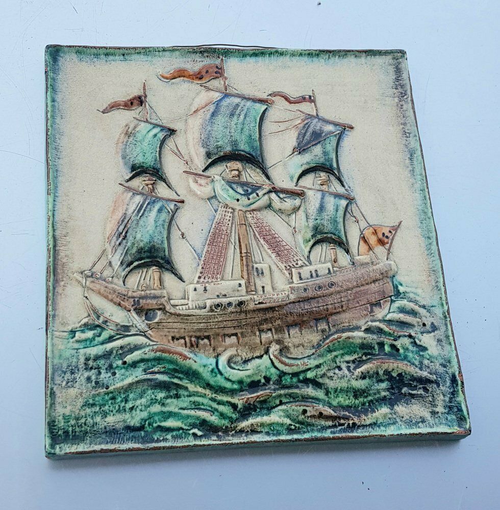 Handcrafted German Ceramic Wall Plate With Ship From Karlsruhe Majolika, 1960s