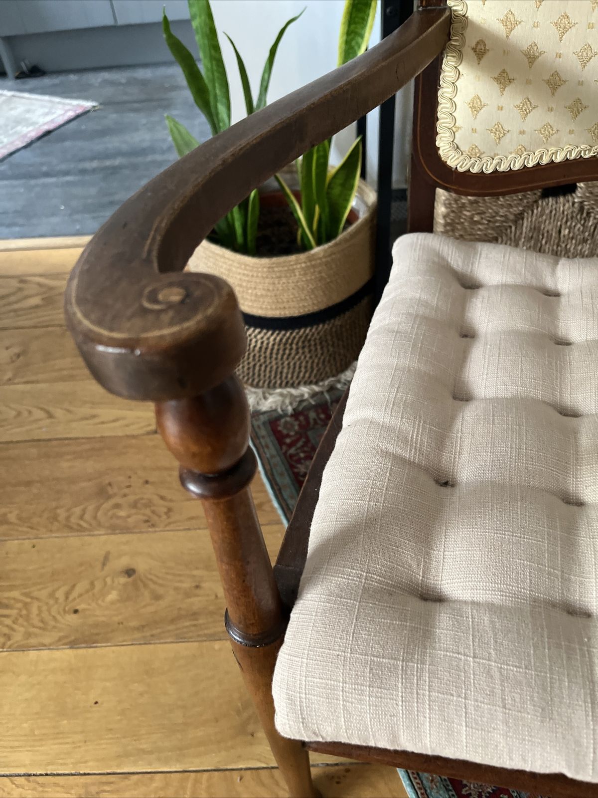 Antique Chair With Arms And Cream Upholstery photo for sale