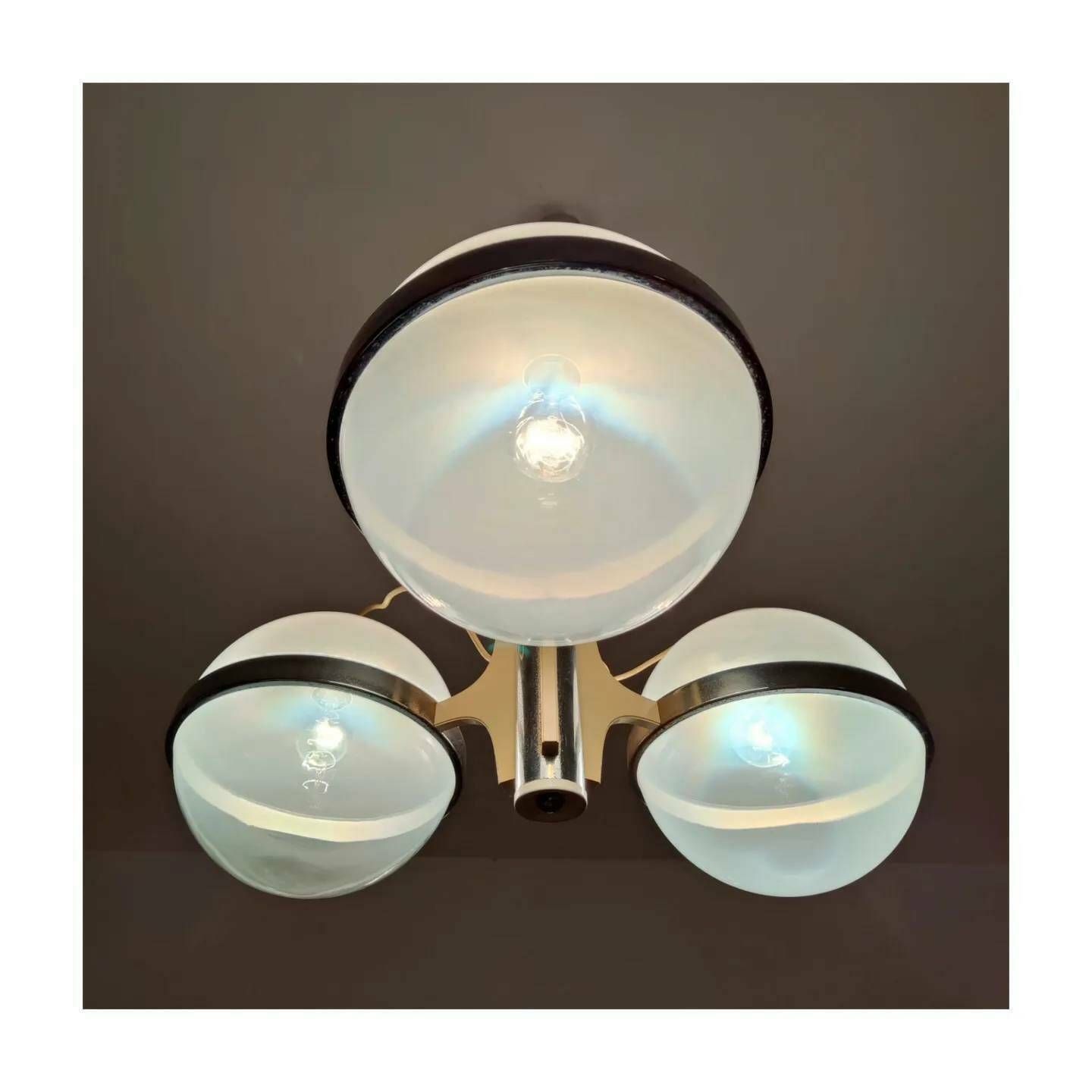 Rare Space Age Pendant With 3 Large Opaline Glass Balls Held By Chrome Rings // Modernist Chandelier In Gino Sarfatti Style // Made In Italy photo furniture