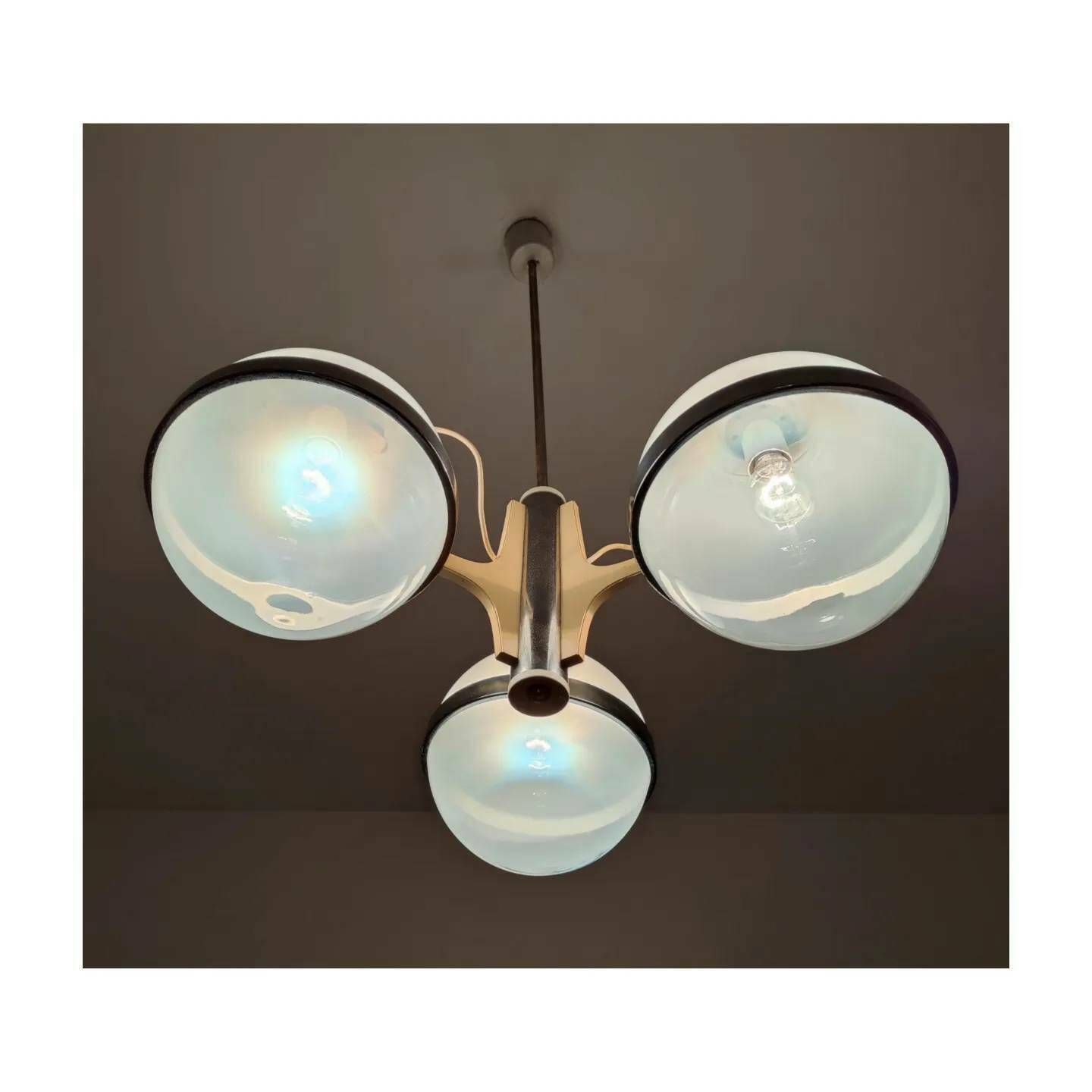 Rare Space Age Pendant With 3 Large Opaline Glass Balls Held By Chrome Rings // Modernist Chandelier In Gino Sarfatti Style // Made In Italy photo vinterior