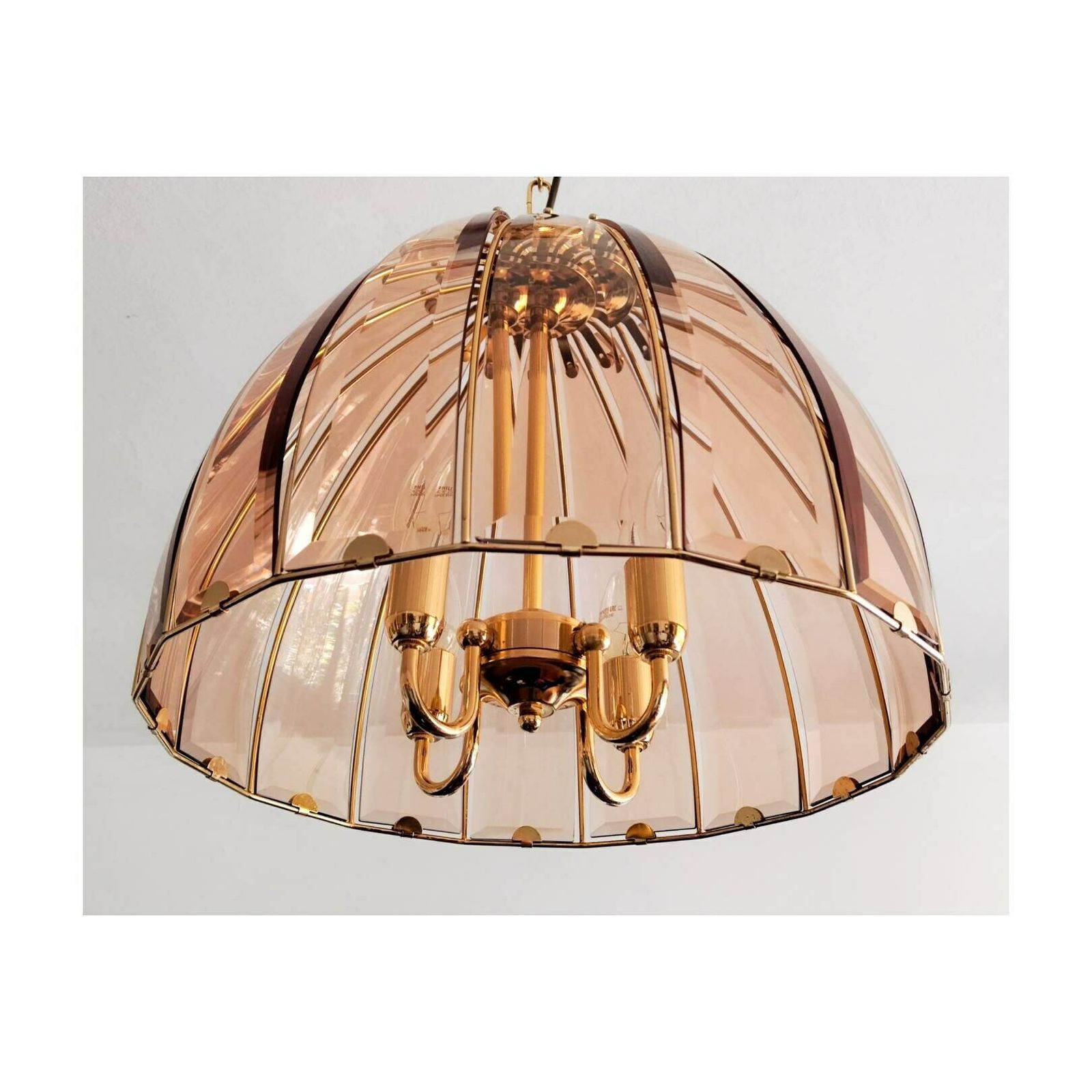 Very Rare Mid Century Modern Pendant/Chandelier By Honsel // Pink/Peach Faceted Glass Chandelier // Made In West Germany In 1970s photo vinterior
