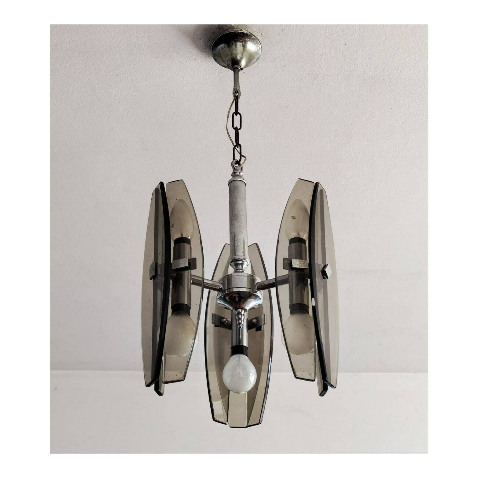 Glass Pendant Light By Veca In Chrome And Smoked Glass // Veca Chandelier In Murano Glass // Made In Italy In 1970s photo 500.0
