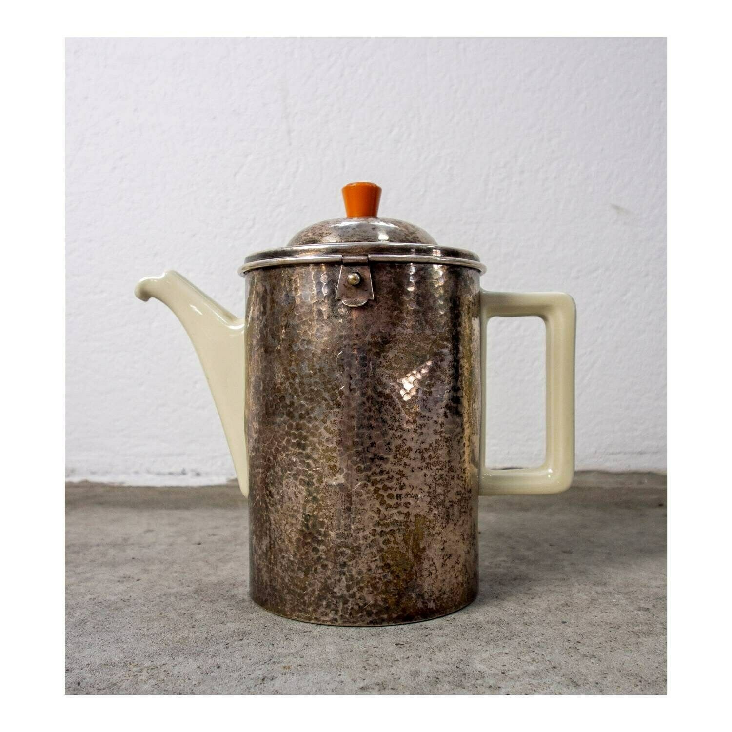 Art Deco Teapot By Bauscher Weiden In Hammered Silver Plated Brass Warmer By Wmf // Antique Teapot // Made In Germany In 1920s
