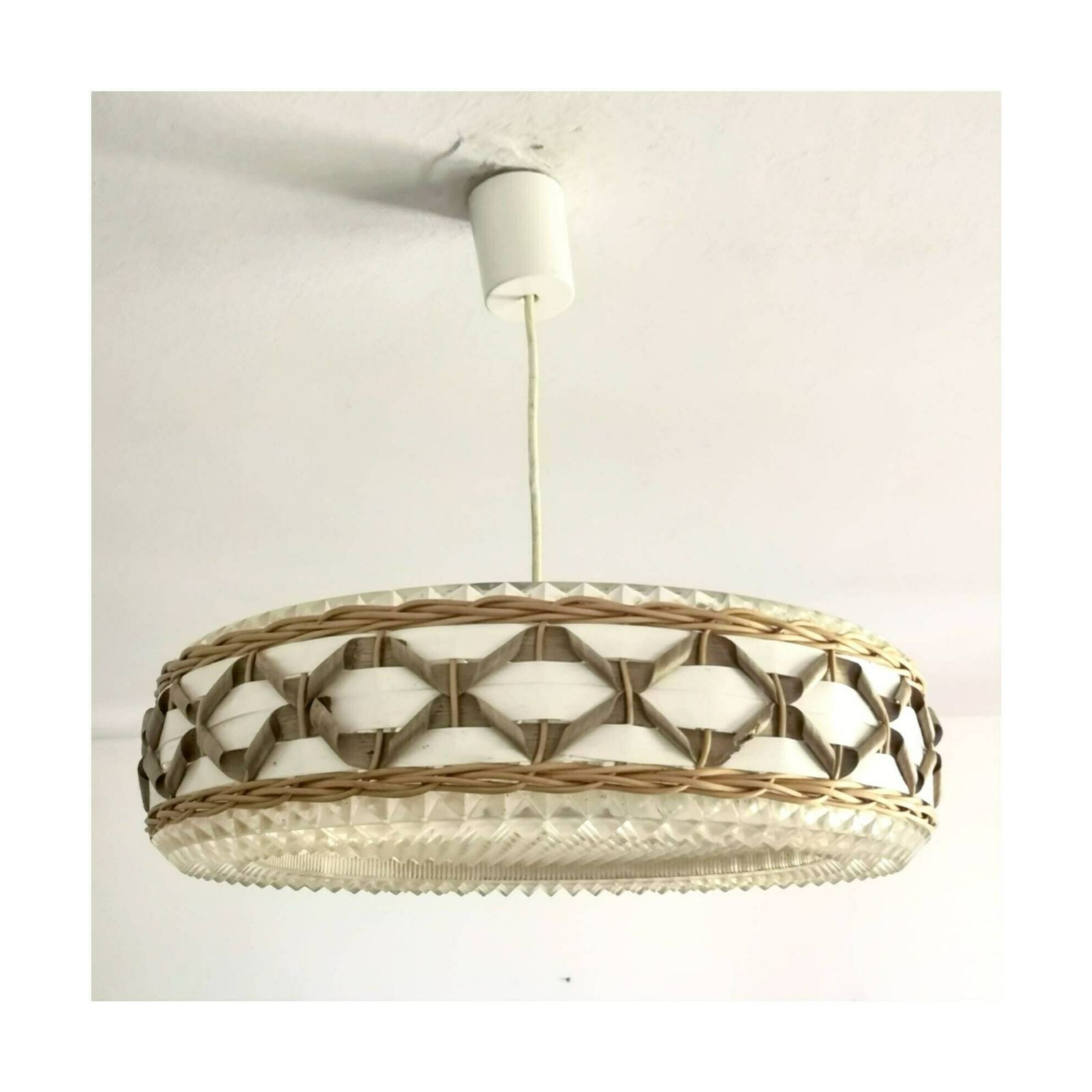 Rare Mid Century Modern Pendant Light Done In Lucite And Rattan // Beautiful Space Age Ufo Chandelier // Made In West Germany In 1970s photo furniture