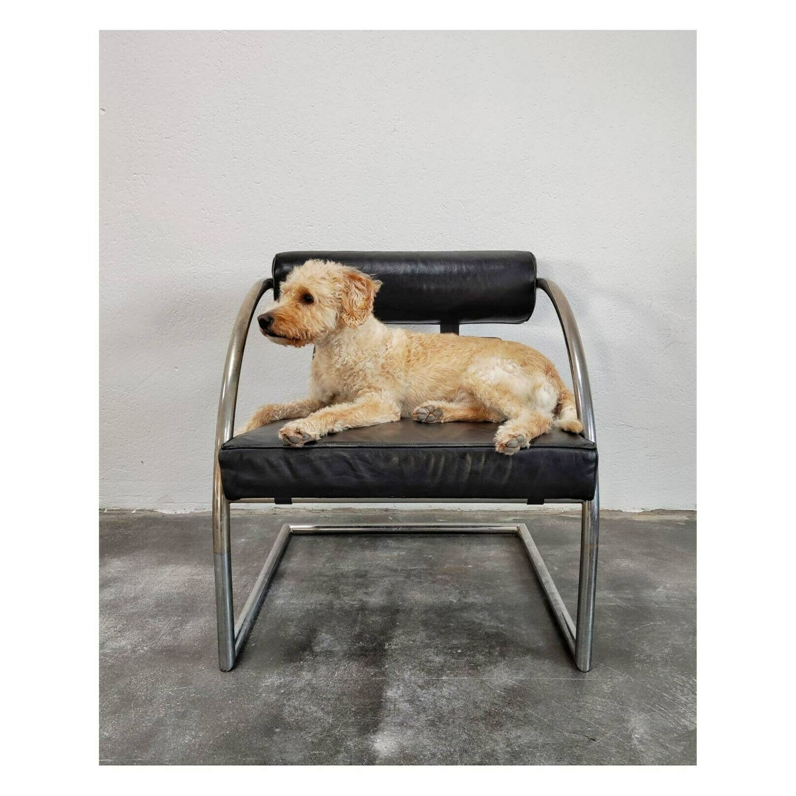 1 Of 2 Bauhaus Black Leather Armchair // Very Rare Tubular Geometric Armchair // Made In Switzerland In 1970s photo furniture