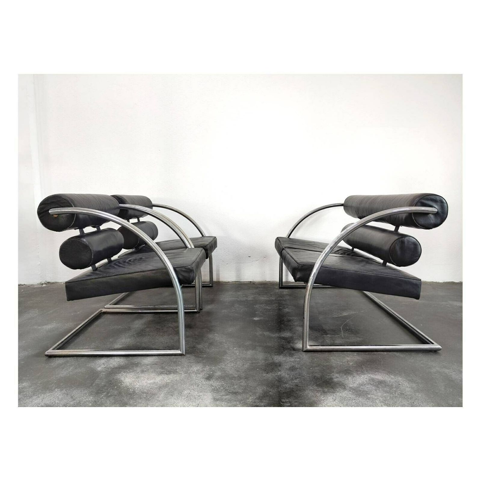 photo for sale 1 Of 2 Bauhaus Black Leather Armchair // Very Rare Tubular Geometric Armchair // Made In Switzerland In 1970s