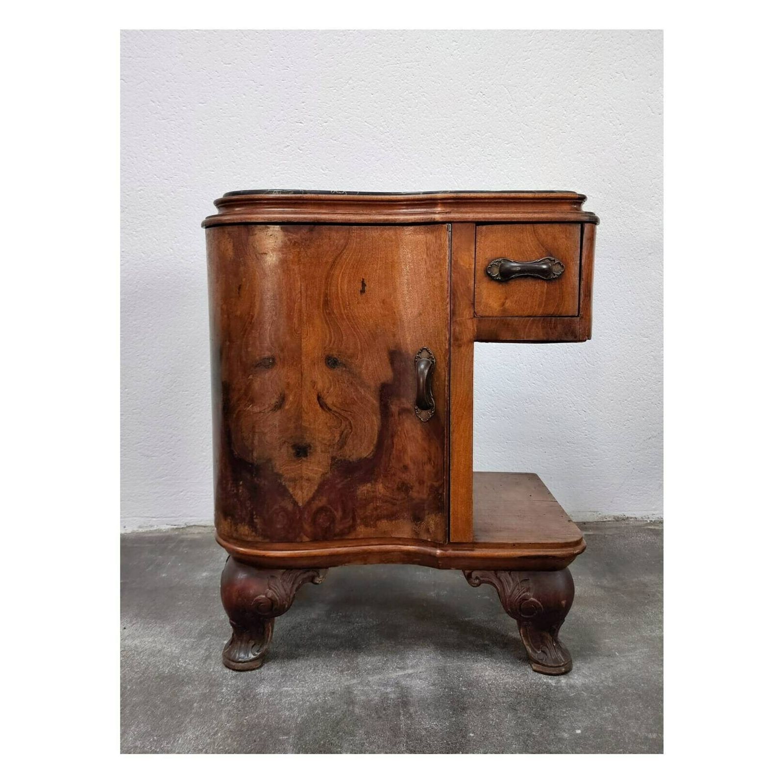Pair Of Lixurious Art Deco Nightstands With Venetian Baroque Elements / Antique Bedside Tables With Nero Portoro Marble / Italy, 1920s photo furniture