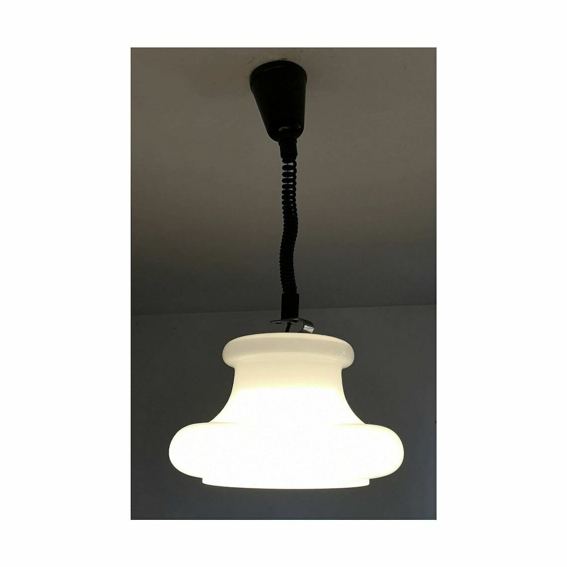 1970s Space Age White Opaline Glass Hanging Lamp // Mid Century Modern Glass Pendant Light // Made In Yugoslavia photo for sale