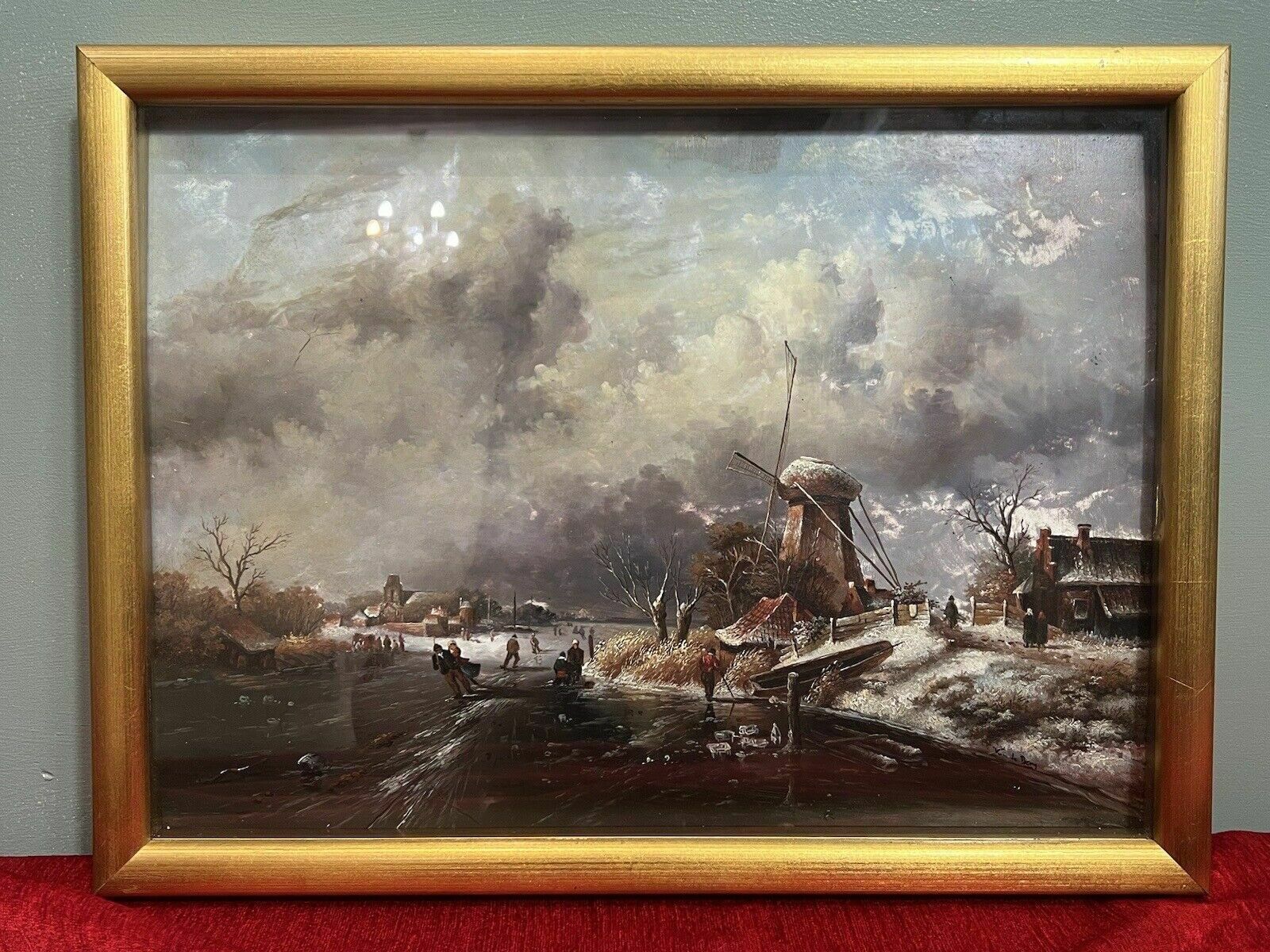 20th Century Dutch Winter Landscape Of Frozen River Ice Skating Scene Signed photo for sale