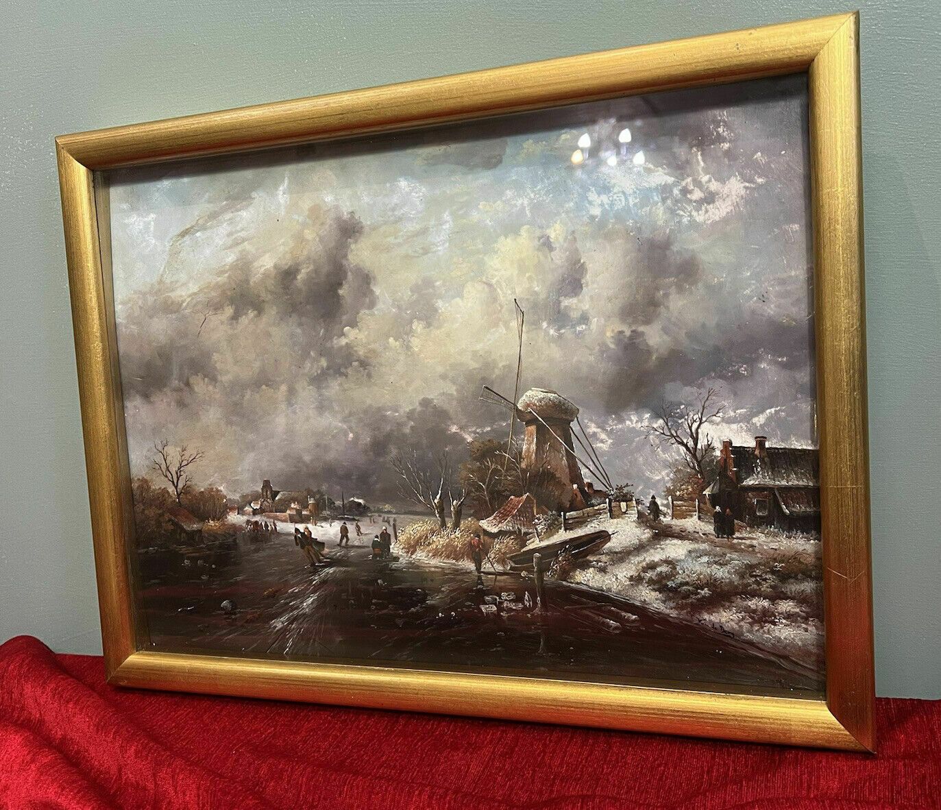 Art 20th Century Dutch Winter Landscape Of Frozen River Ice Skating Scene Signed photo