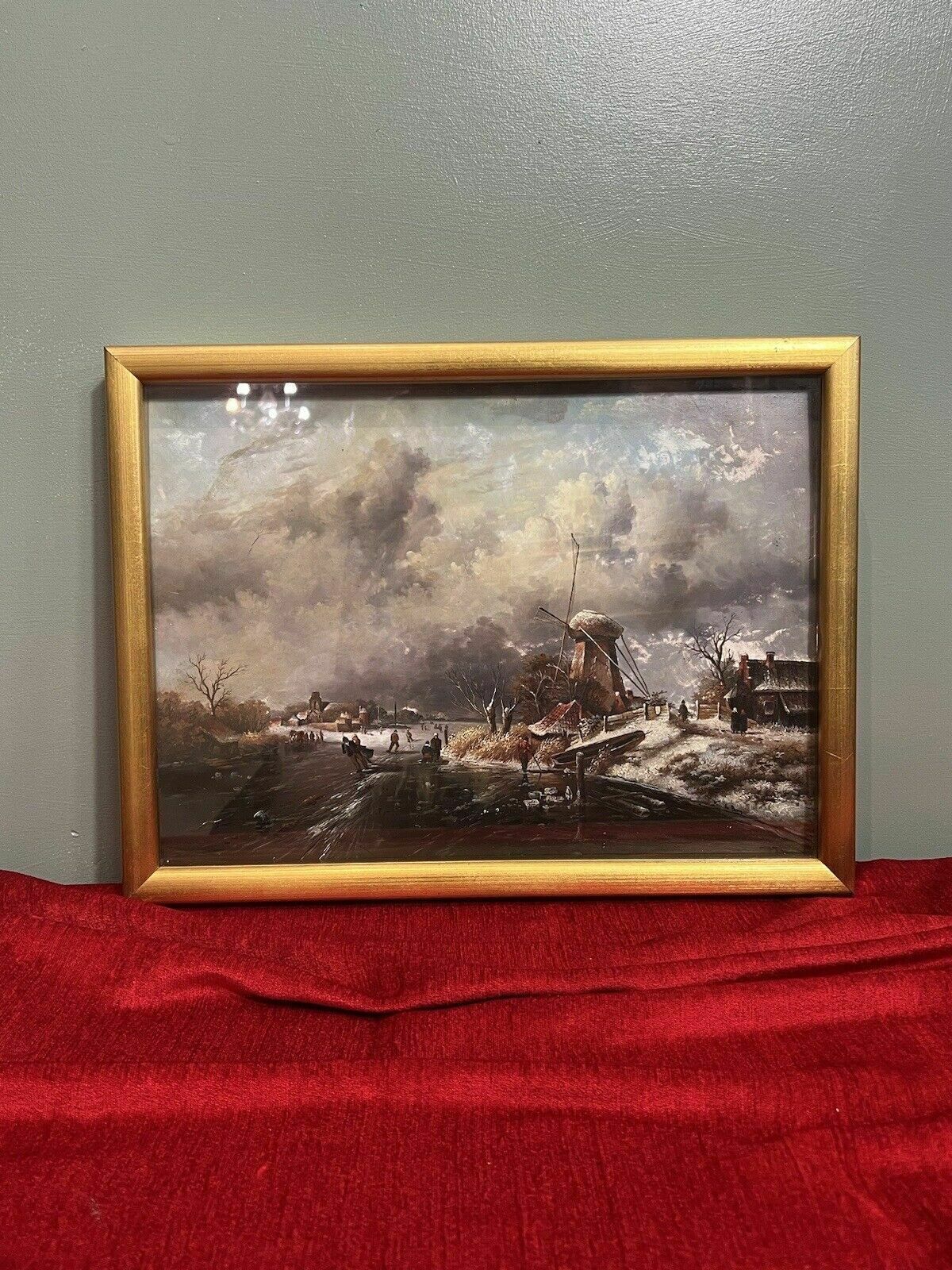 photo vintage 20th Century Dutch Winter Landscape Of Frozen River Ice Skating Scene Signed