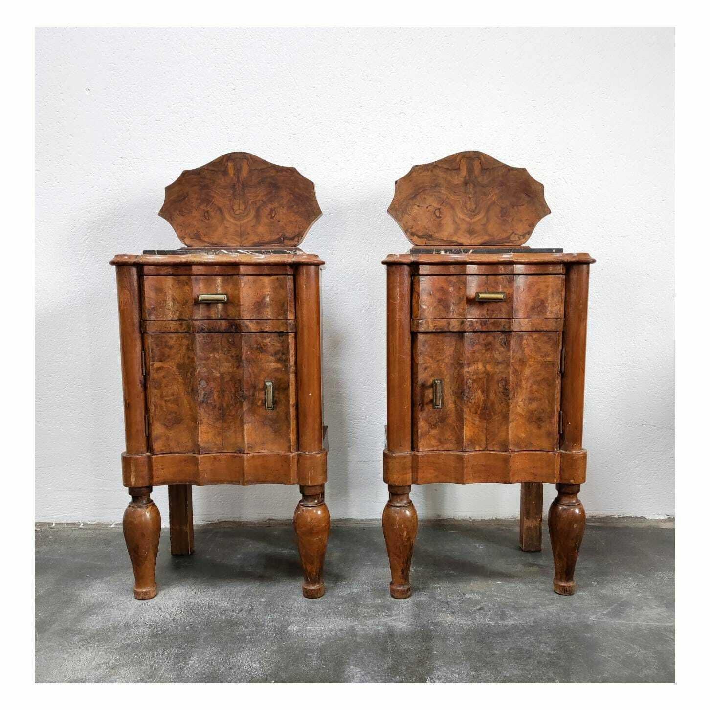 Pair Of Antique Nightstands In Walnut Burl And Marble // Art Deco Nightstands // Art Deco Bedside Cabinets // Made In Italy In 1920s