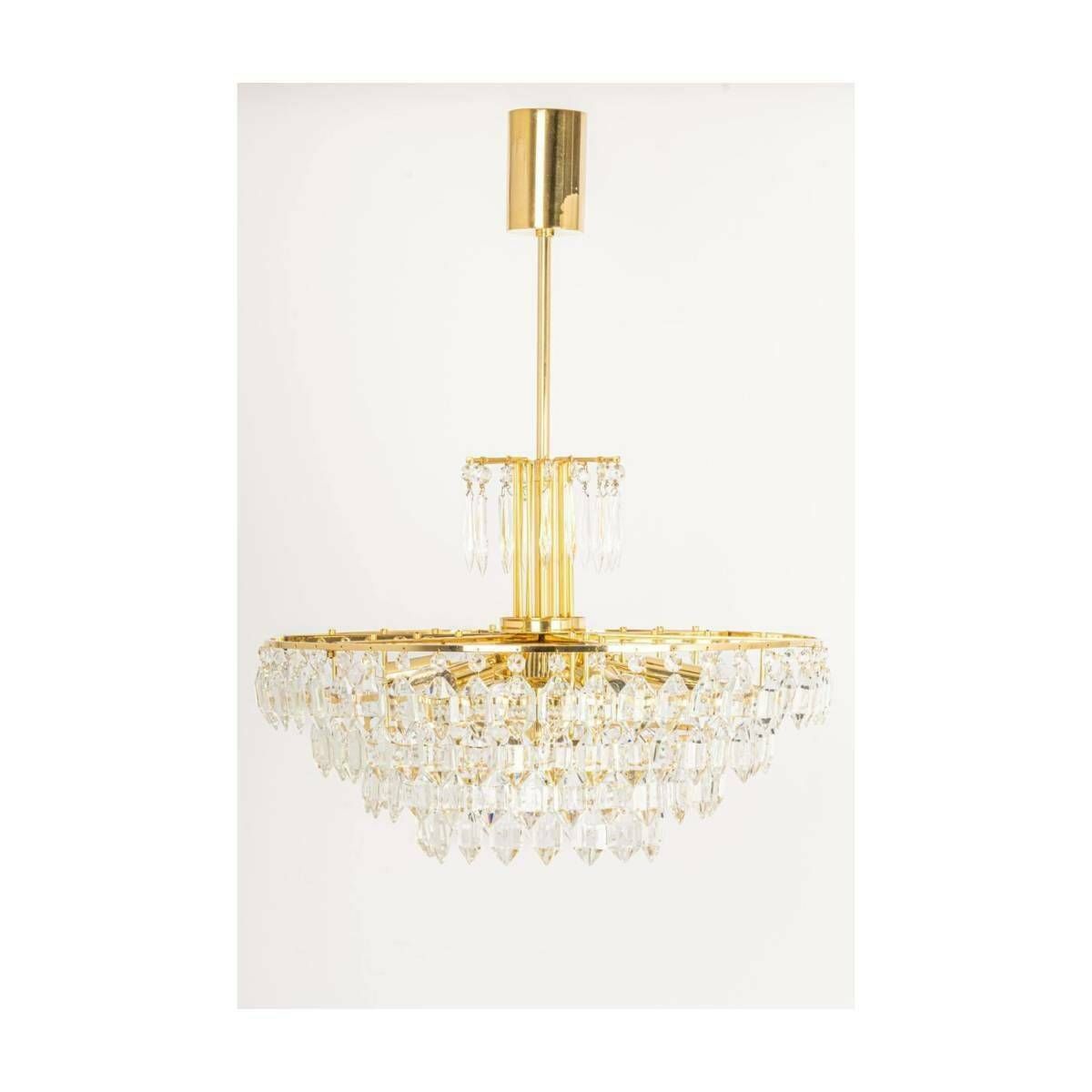 Very Rare Luxurious Mid Century Modern Chandelier By Bakalowits // Gold Plated Brass And Crystal Chandelier // Made In Austria In 1960s photo Lighting