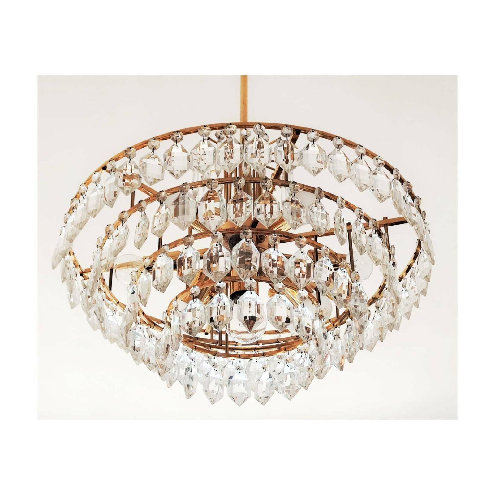 Very Rare Luxurious Mid Century Modern Chandelier By Bakalowits // Gold Plated Brass And Crystal Chandelier // Made In Austria In 1960s photo vinterior