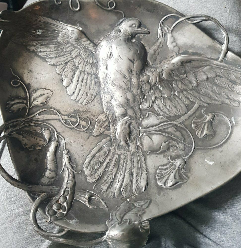 Antique Art Nouveau Tin Bowl With Bird Motif From Wmf photo Home Decor