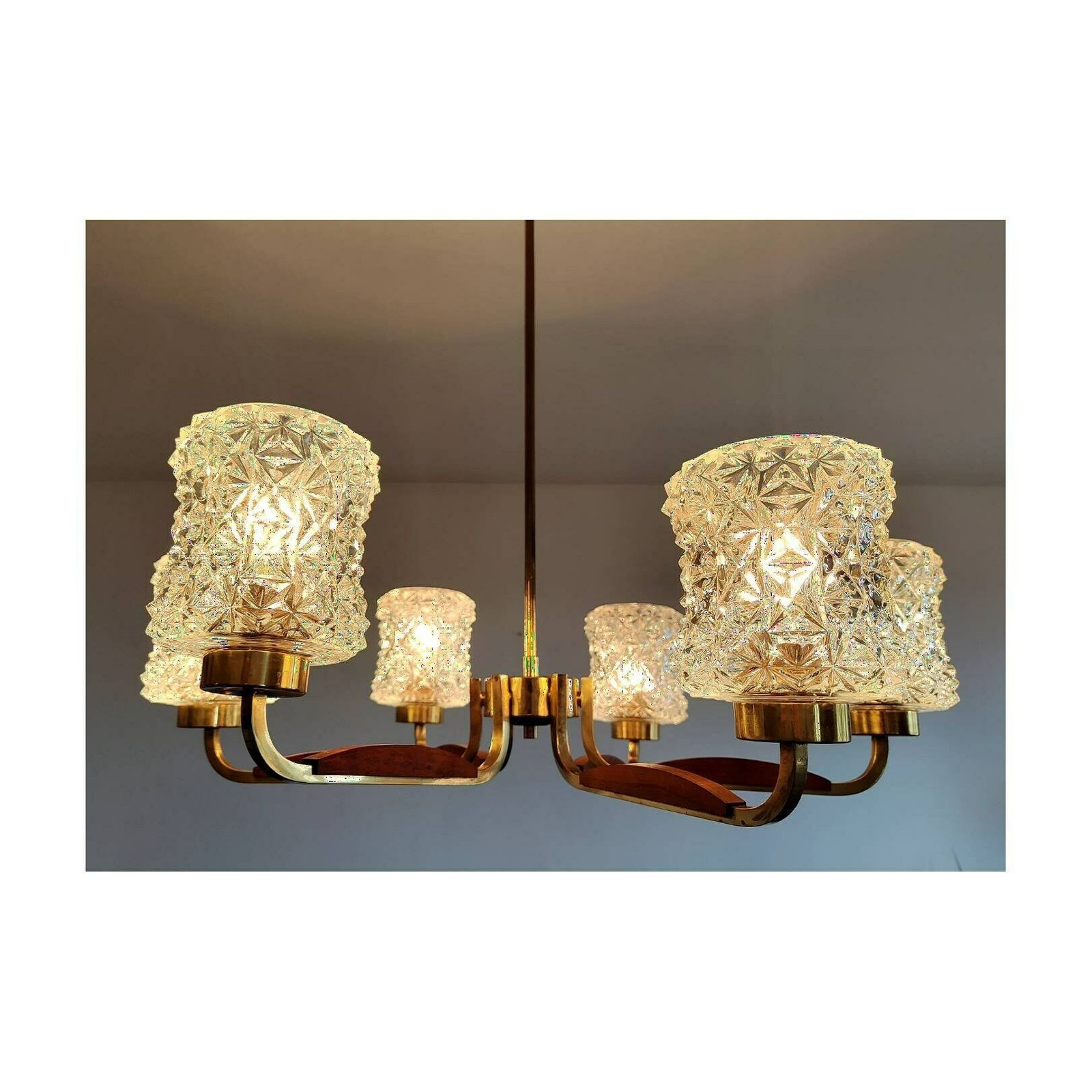 Rare Mid Century Modern Chandelier By Rupert Nikoll / Vintage Brass And Teak Wood Chandelier With Crystal Shades / Made In Austria In 1960s photo vinterior