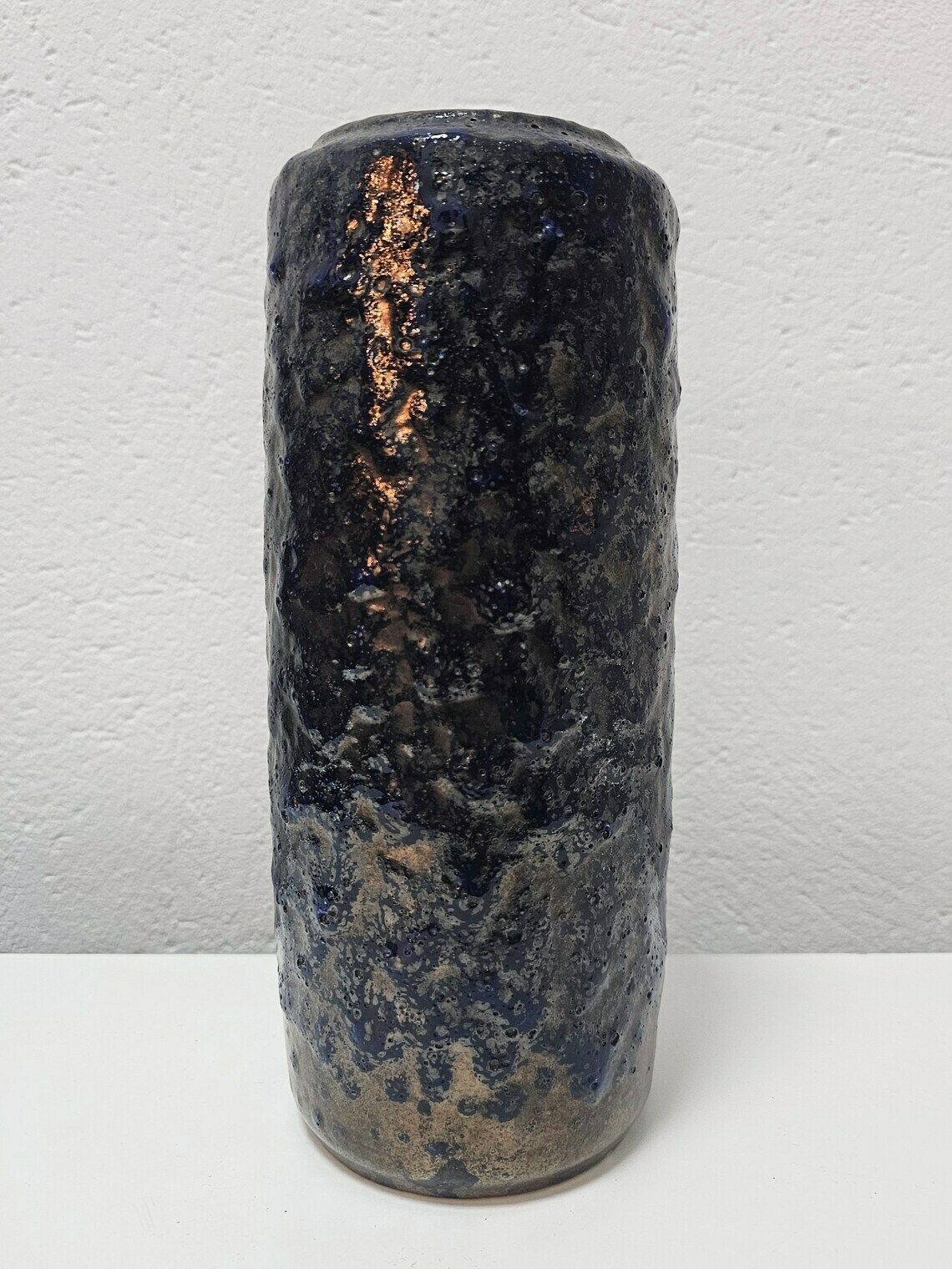 Vintage Fat Lava Ceramic Cylindervase In Cobalt Blue And Silver From Scheurich Model 532 28 / Wgp Vase / Made In Germany In 1970s