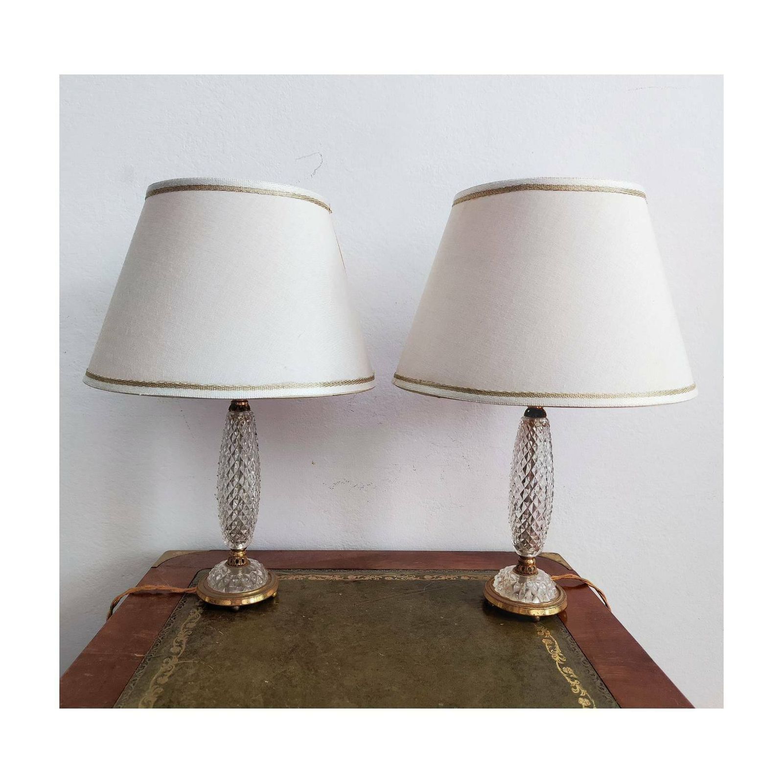 Gilt Bronze And Crystal Bedside Lamps // Diamond Point Crystal Lamps // Hollywood Regency Lamps // Made In Italy In 1950s photo 1200.0