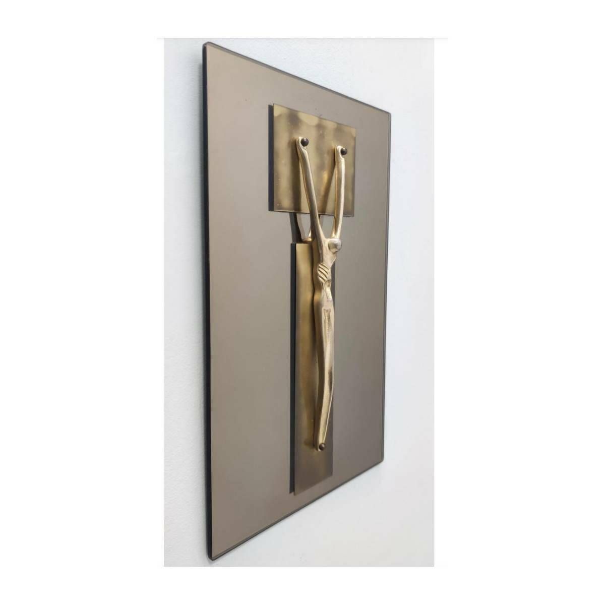 Postmodern Brass Crucifix On Tinted Glass Base Done In Fontana Arte Style // Vintage Wall Art Depicting Jesus // Made In Italy In 1970s photo for sale