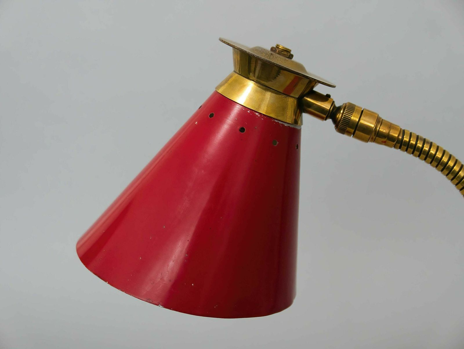 Red And Gold Vintage Mid Century Gooseneck Desk Lamp, French, 1950s: Stylish Illumination For Home Decor photo vinterior