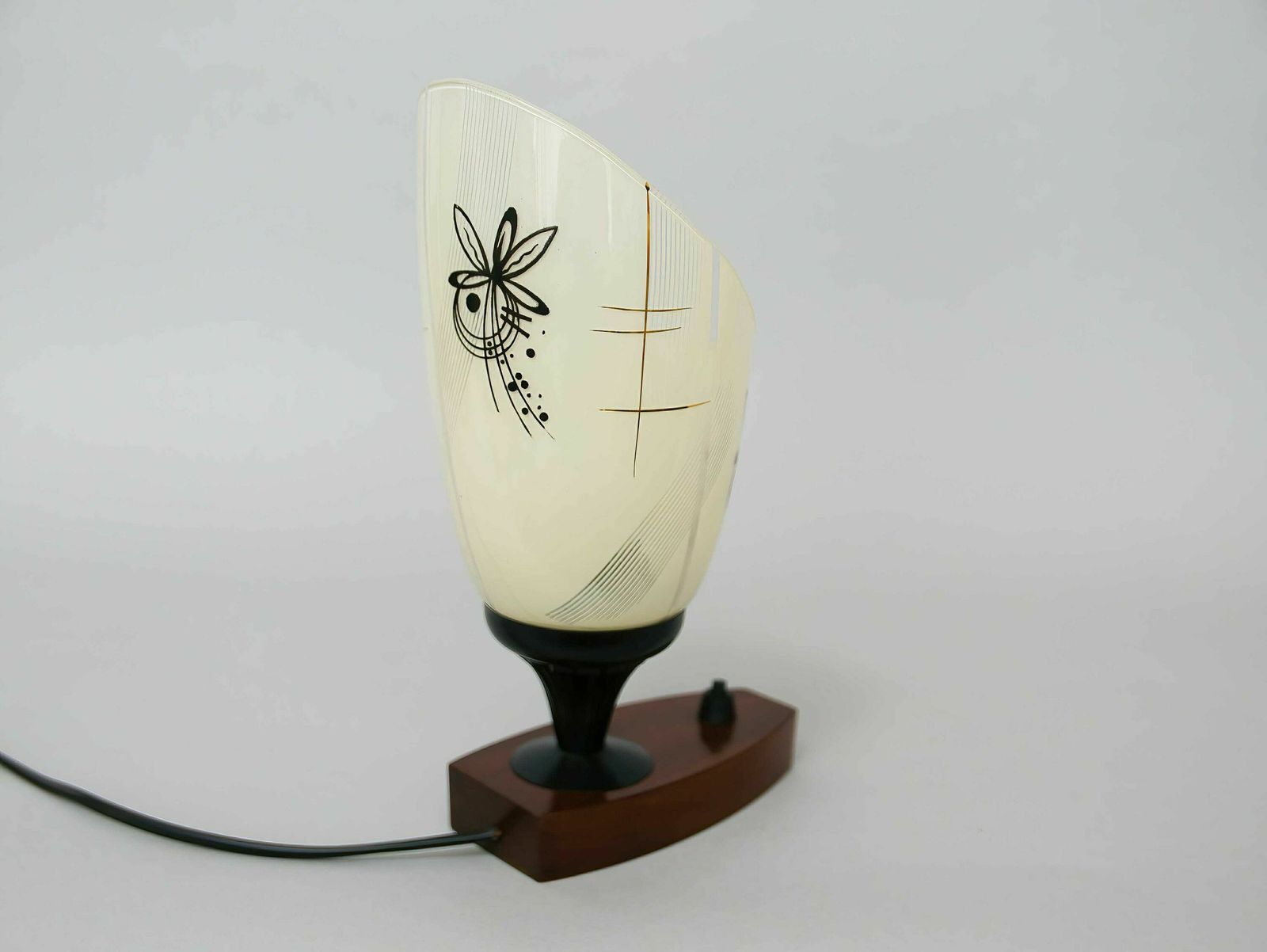 Vintage Mid Century Desk Lamp With Wooden Base & Glass Pendant Shade, Germany, 1950s: Stylish Illumination For Home Decor photo Lighting