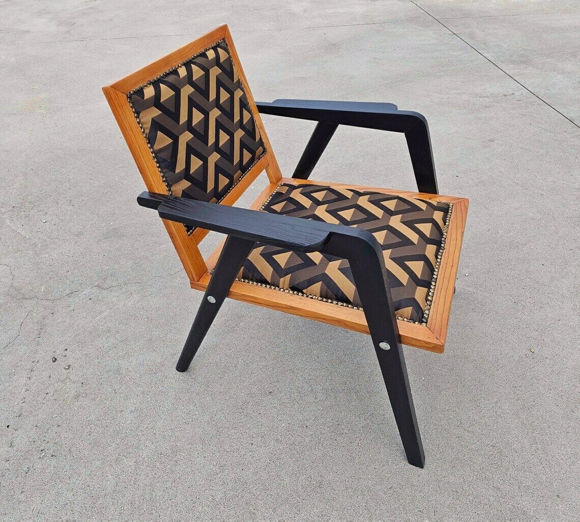 Very Rare Refurbished Mid Century Modern Armchairs In Oak Wood And Jacquard Fabric // Made In Yugoslavia In 1950s photo furniture