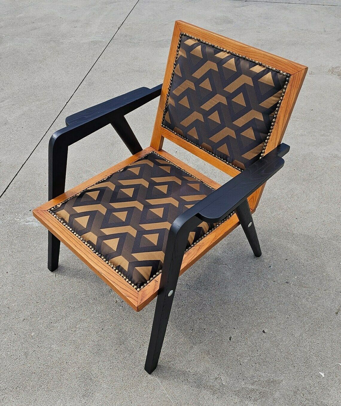 Very Rare Refurbished Mid Century Modern Armchairs In Oak Wood And Jacquard Fabric // Made In Yugoslavia In 1950s photo for sale