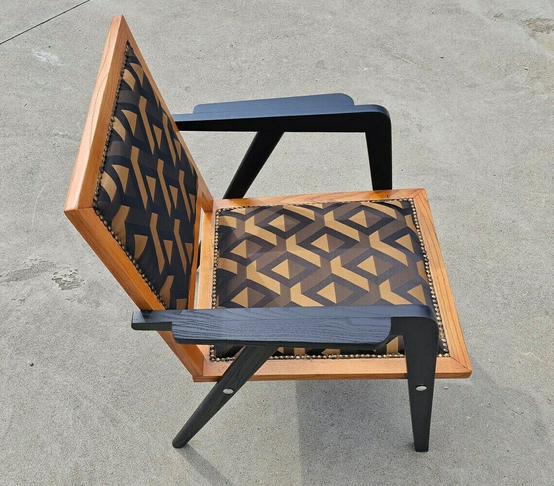 photo for sale Very Rare Refurbished Mid Century Modern Armchairs In Oak Wood And Jacquard Fabric // Made In Yugoslavia In 1950s