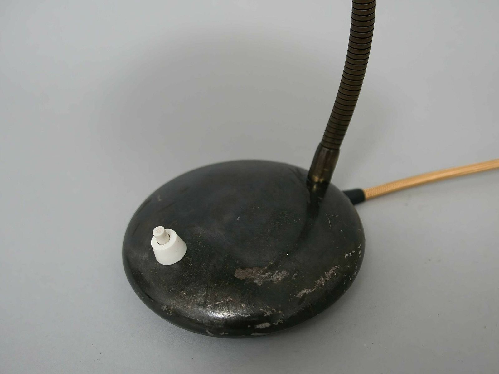 Black Vintage Mid Century Gooseneck Desk Lamp With Gold Cable And Beautiful Patina, 1950s: Stylish Illumination For Home Decor photo 250.0