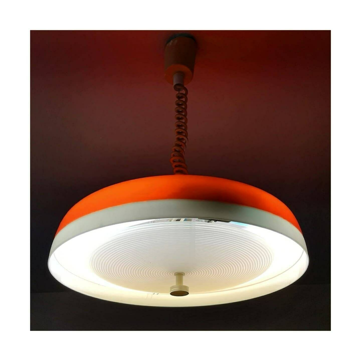 Rare Orange Space Age Pendant // Adjustable Atomic Age Pendant Light // Made In East Germany In 1970s // Acrylic Pull Up Hanging Lamp photo vinterior