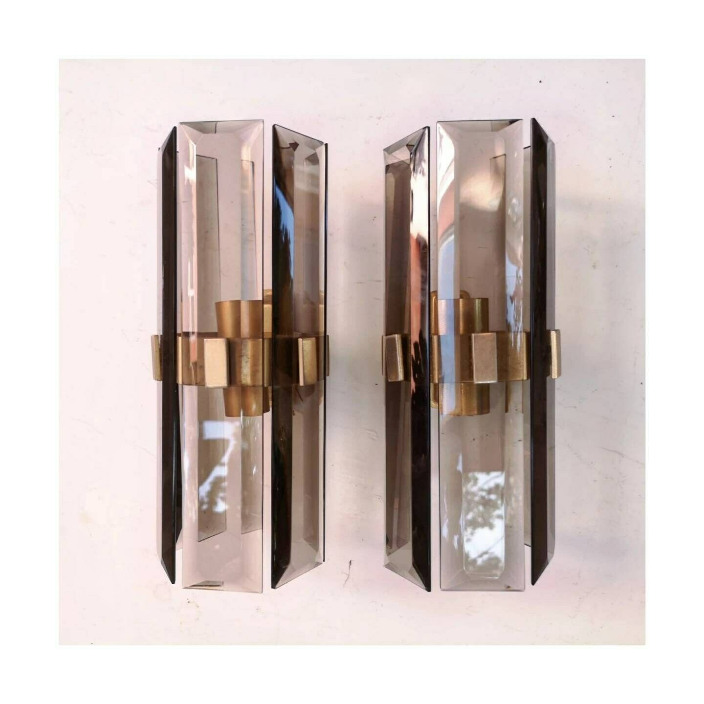 Fontana Arte Light Pendant And Pair Of Sconces // Fontana Arte Wall Lamps // Smoked Glass Pendant // Made In Italy In 1970s photo vintage
