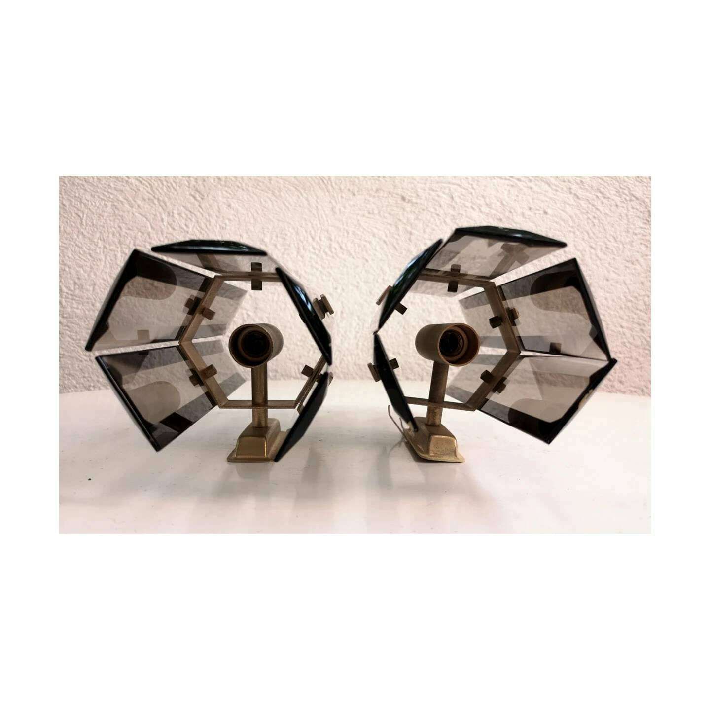 photo for sale Fontana Arte Light Pendant And Pair Of Sconces // Fontana Arte Wall Lamps // Smoked Glass Pendant // Made In Italy In 1970s