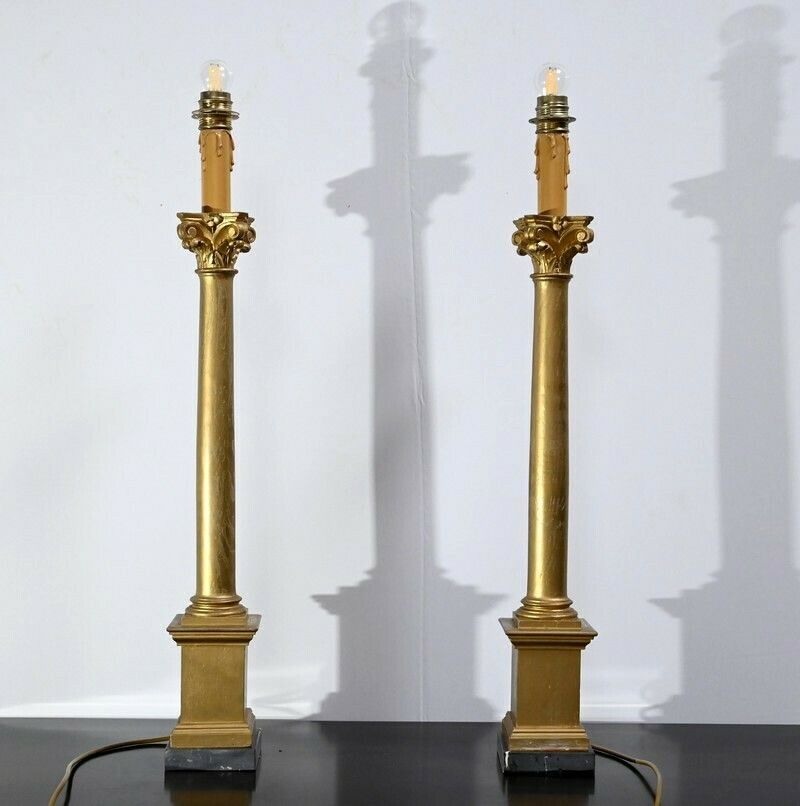 Pair Of Golden Wood Candlesticks, Empire Style – Late 19th Century photo furniture