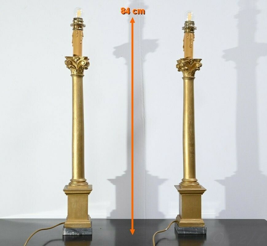 Pair Of Golden Wood Candlesticks, Empire Style – Late 19th Century photo for sale