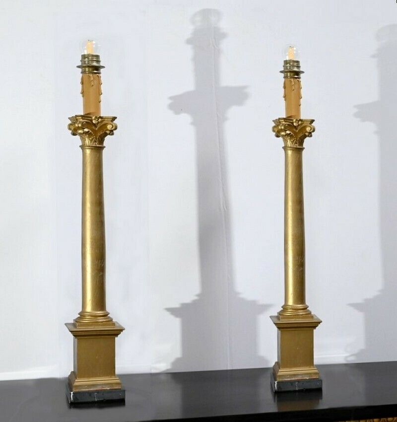 Pair Of Golden Wood Candlesticks, Empire Style – Late 19th Century photo Lighting