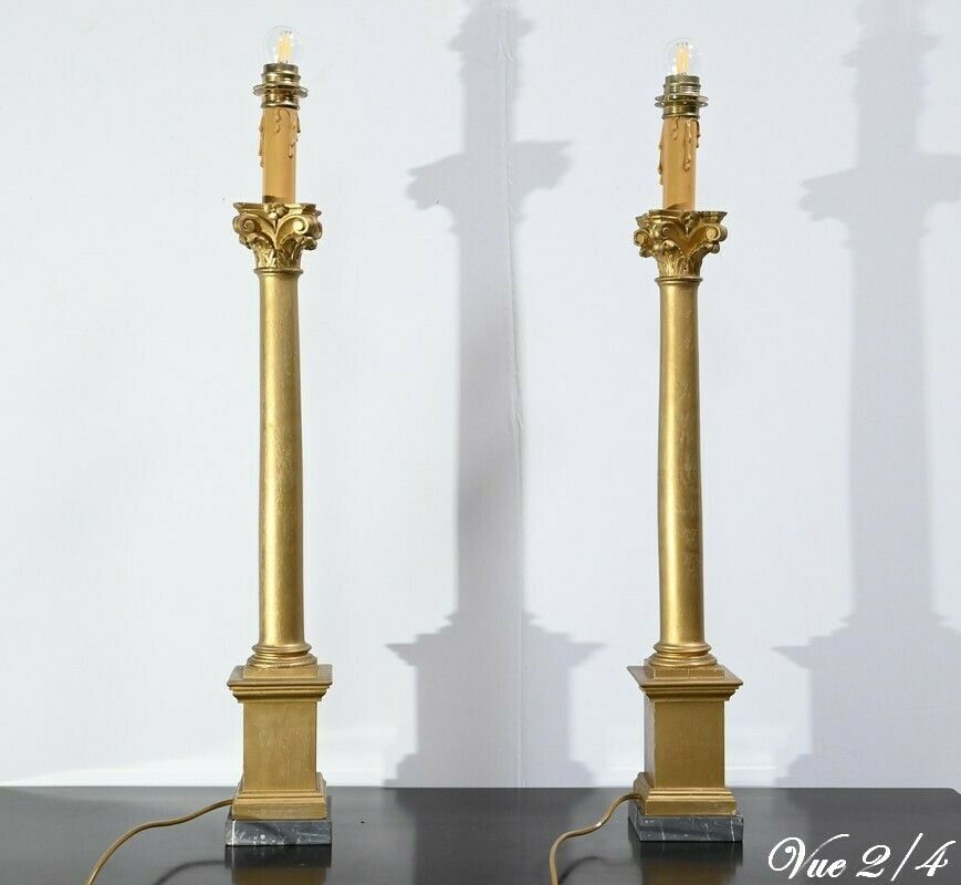 photo vintage Pair Of Golden Wood Candlesticks, Empire Style – Late 19th Century