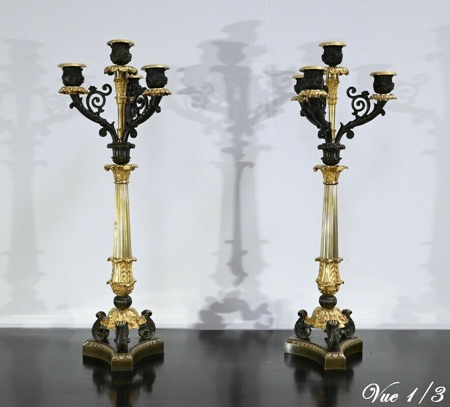 Pair Of Bronze Candlesticks With Double Patina, Restoration Period – Early 19th Century photo 3122.96