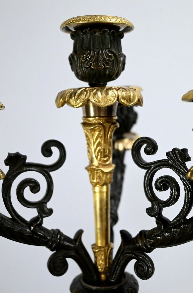 photo furniture Pair Of Bronze Candlesticks With Double Patina, Restoration Period – Early 19th Century