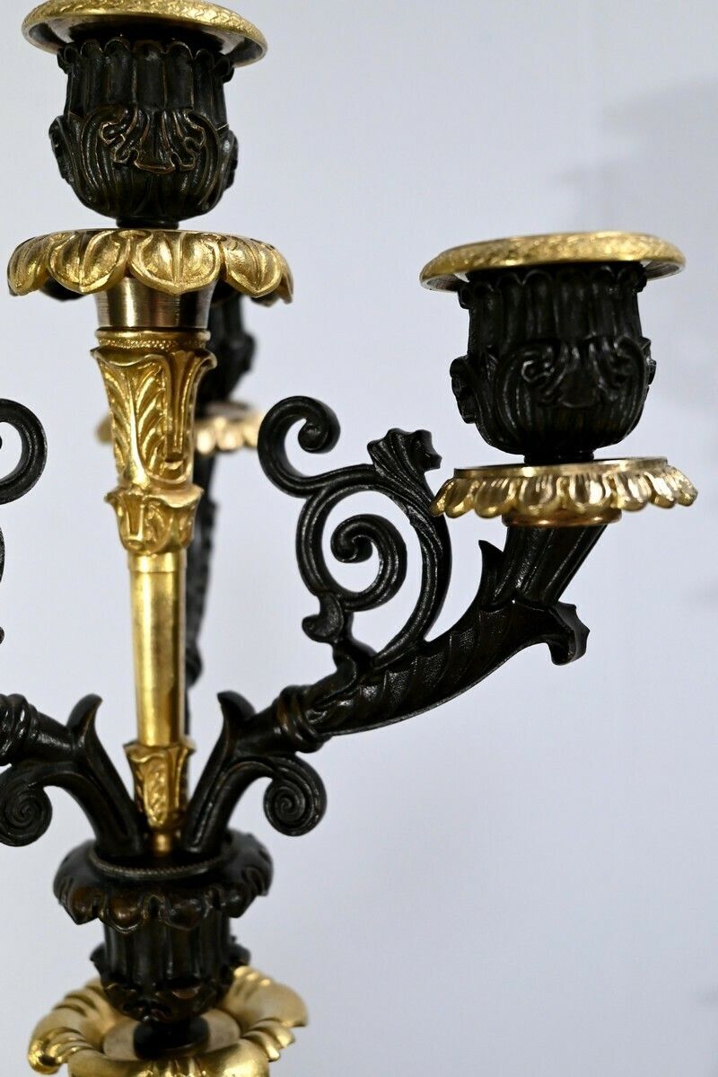 photo for sale Pair Of Bronze Candlesticks With Double Patina, Restoration Period – Early 19th Century