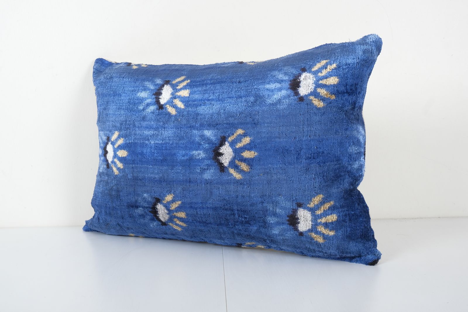 Christmas Gift Pillow, Blue Design Silk Ikat Velvet Pillowcase, Bohemian Cushion Cover 16'' X 24'' photo furniture
