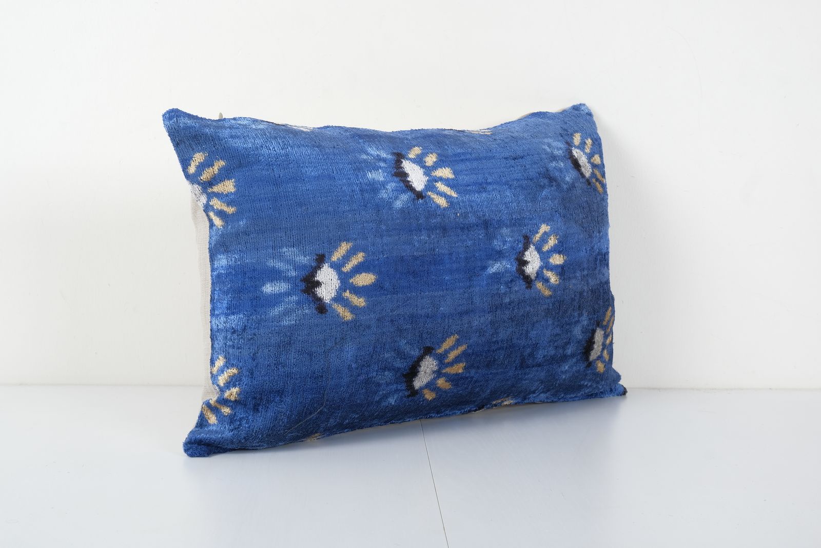 Christmas Gift Pillow, Blue Design Silk Ikat Velvet Pillowcase, Bohemian Cushion Cover 16'' X 24'' photo for sale