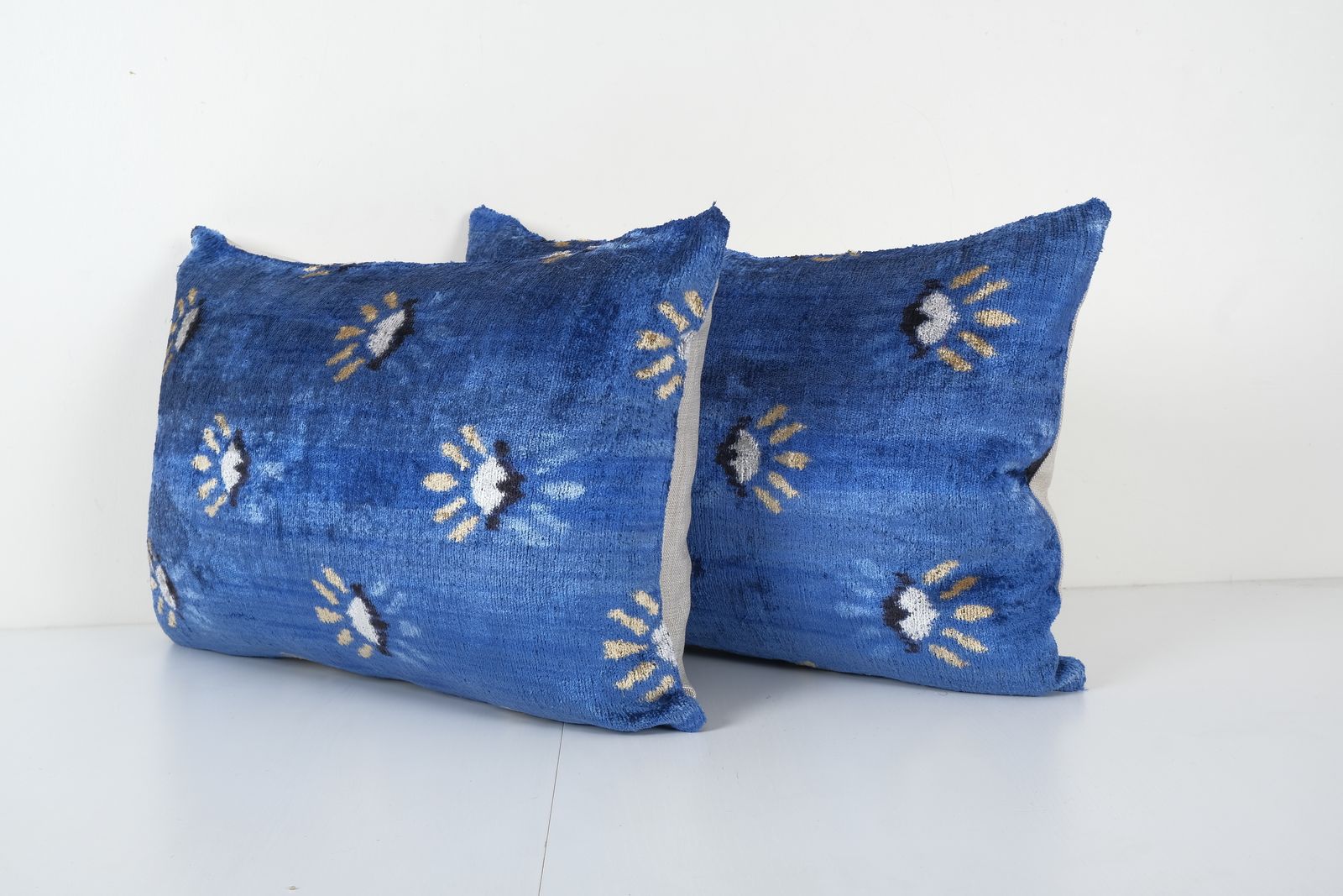Blue Silk Ikat Velvet Pillow, Pair Handloomed Lamb Design Lumbar Cushion Cover, Set Blue Lumbar Pillows, Home Decor 16'' X 24'' photo Textiles