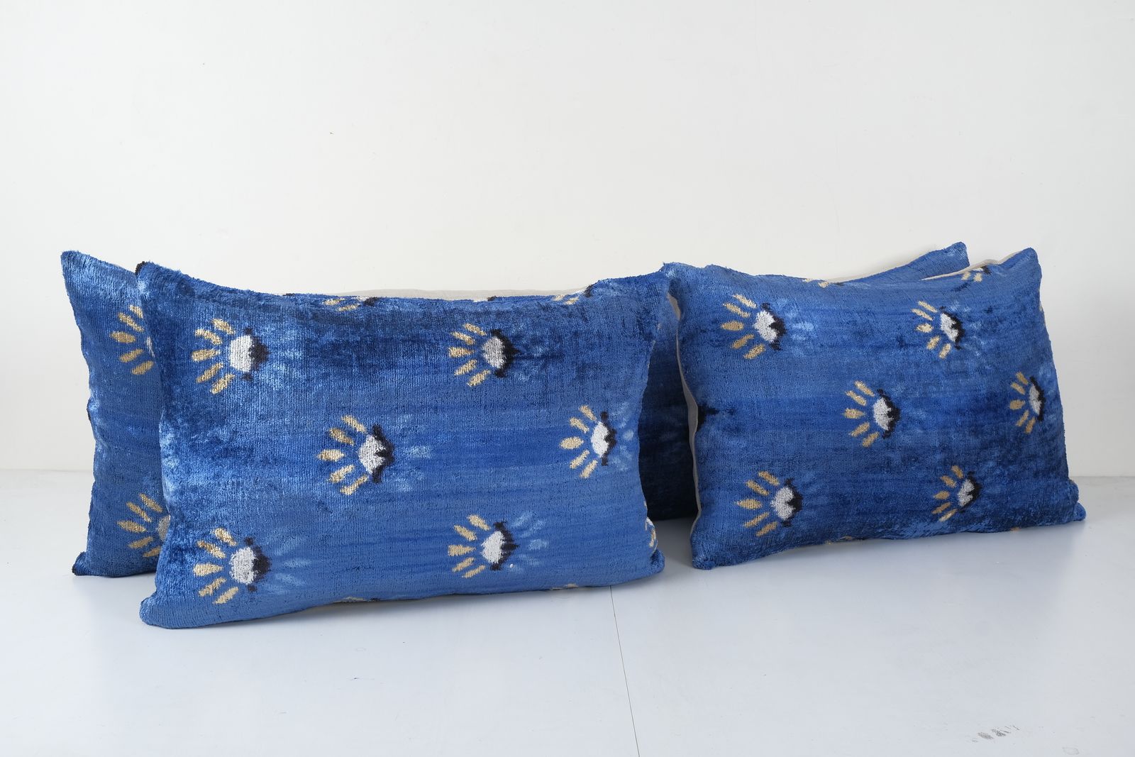 Christmas Gift Blue Lumbar Pillow Cover, Set Of Three Lamb Handmade Design Silk Ikat Bedding Velvet Pillowcase, Pair Bohemian Cushion Cover photo 200.0