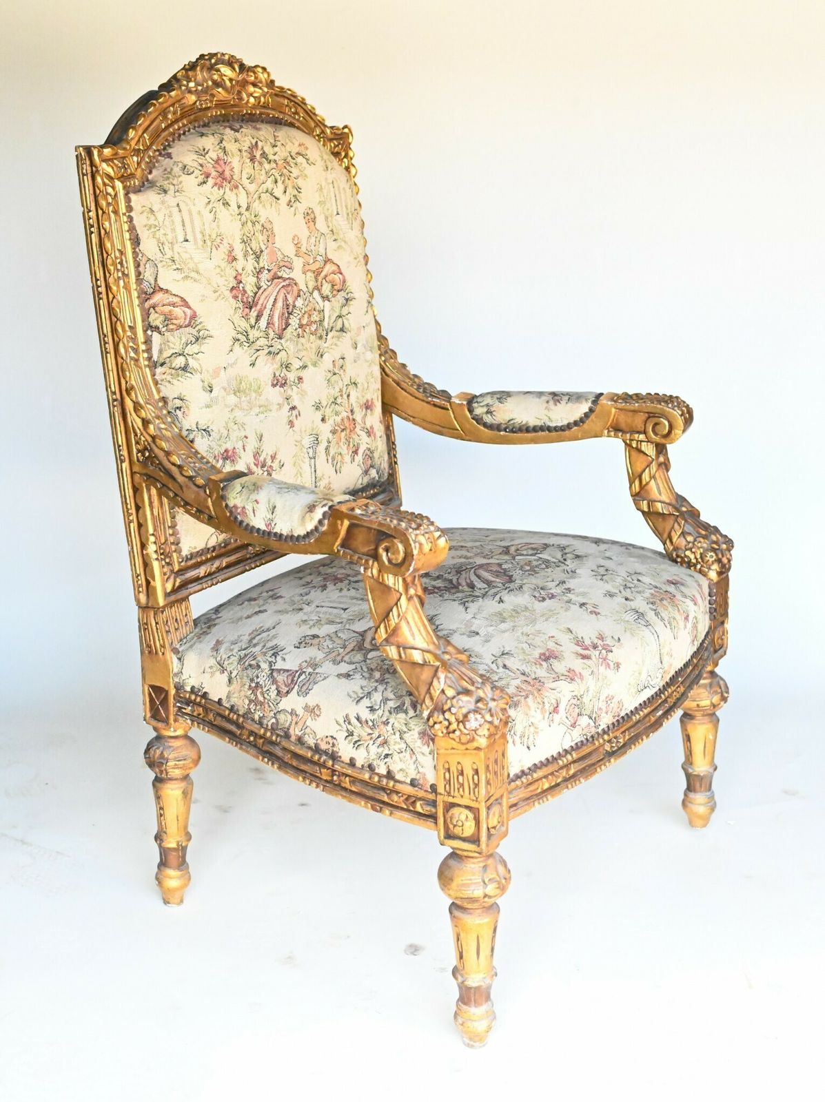 French Arm Chairs Gilt Seats Empire Hand Carved photo vinterior