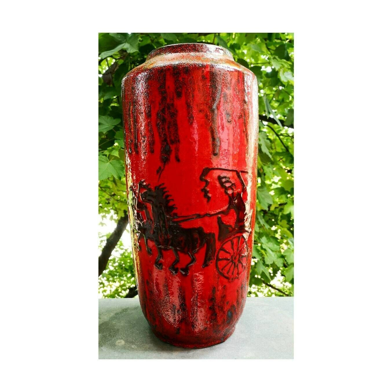 Xxl Mid Century Modern Wedt German Pottery / Scheurich Vase / Fat Lava Ceramic Vase With Motives Of The Chariot Rider / Made In West Germany
