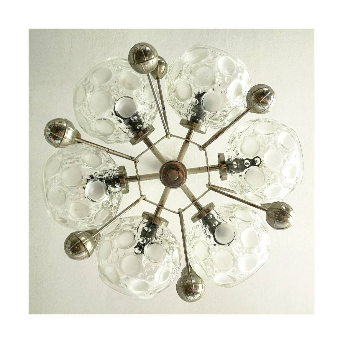 Sputnik Chandelier With 6 Lights In Thick Relief Glass / Space Age Chandelier In Chrome And Glass / Atomic Age Chandelier / Made In Germany photo furniture