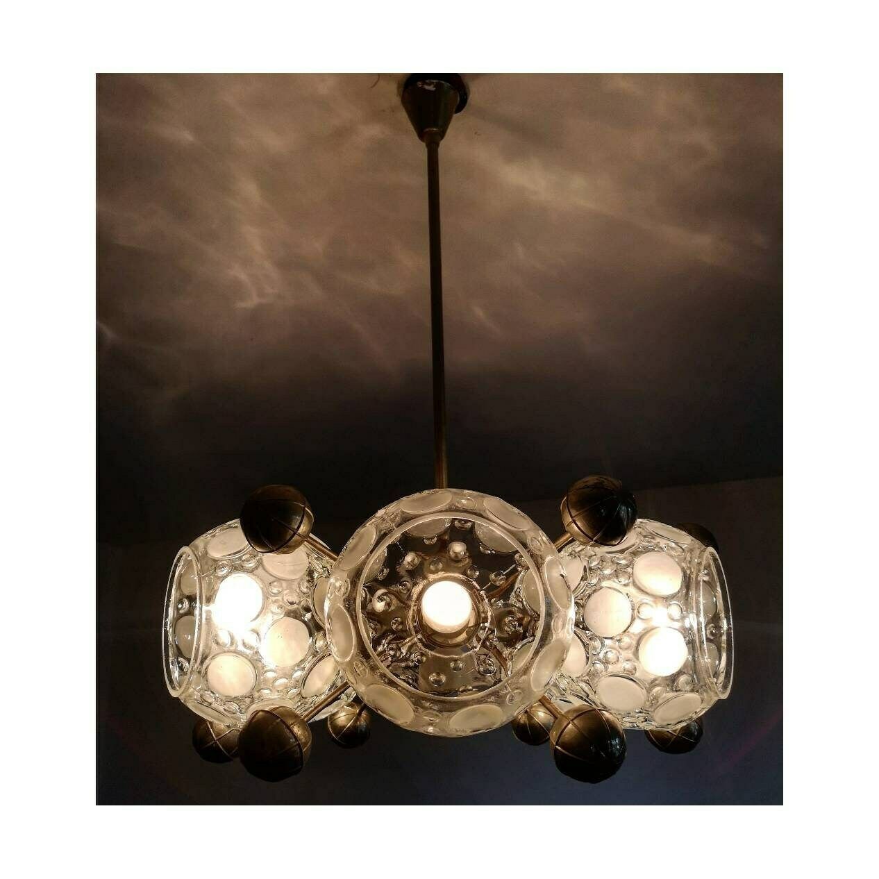 Sputnik Chandelier With 6 Lights In Thick Relief Glass / Space Age Chandelier In Chrome And Glass / Atomic Age Chandelier / Made In Germany photo for sale