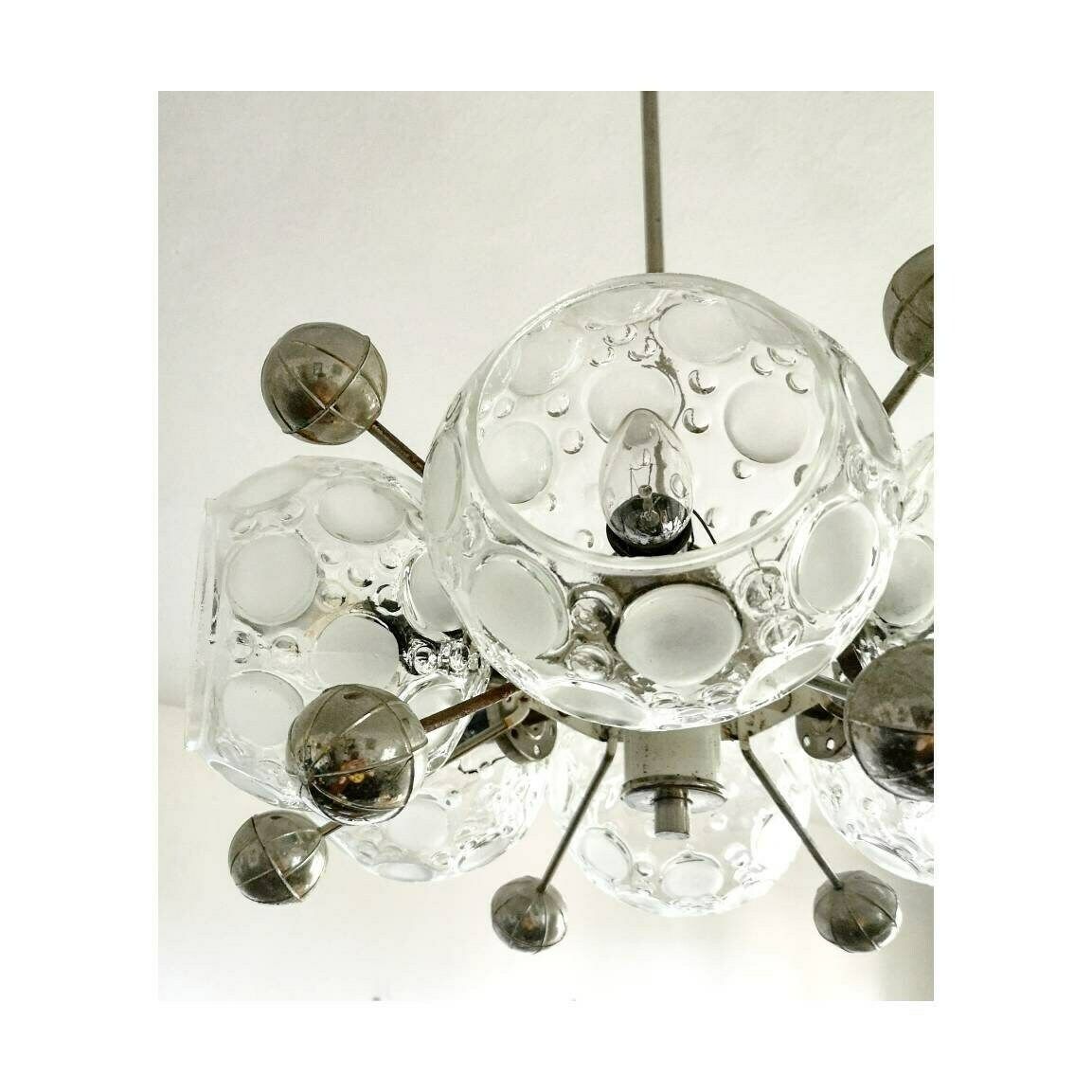 Sputnik Chandelier With 6 Lights In Thick Relief Glass / Space Age Chandelier In Chrome And Glass / Atomic Age Chandelier / Made In Germany photo vinterior