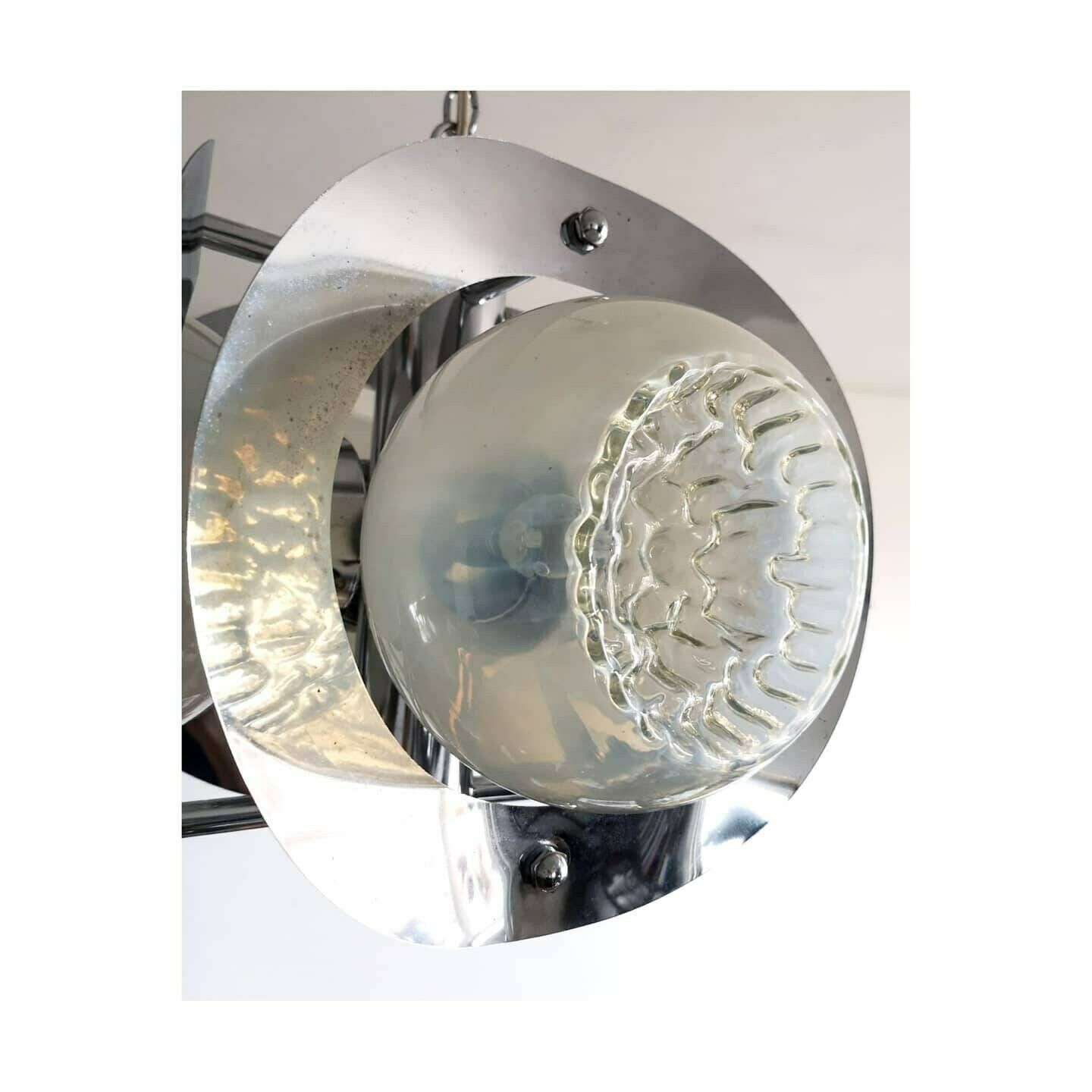 1970s Space Age Mazzega Chandelier With 4 Murano Textured Glass Shades // Space Age Chandelier With Chrome Fixture // Made In Italy photo vinterior
