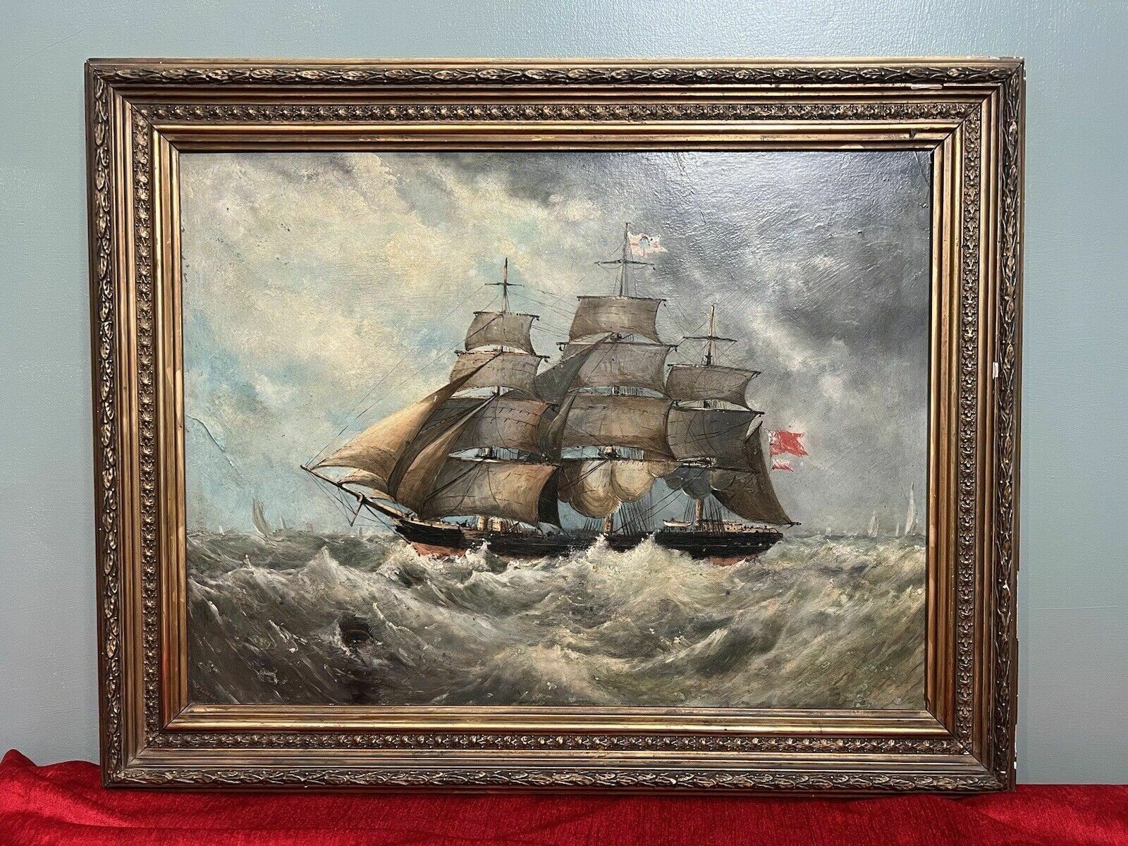 19th Century Maritime Painting Of British Full Rigged Sailing Ship On Rough Seas